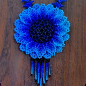 Huichol Mexican Blue Flower Necklace